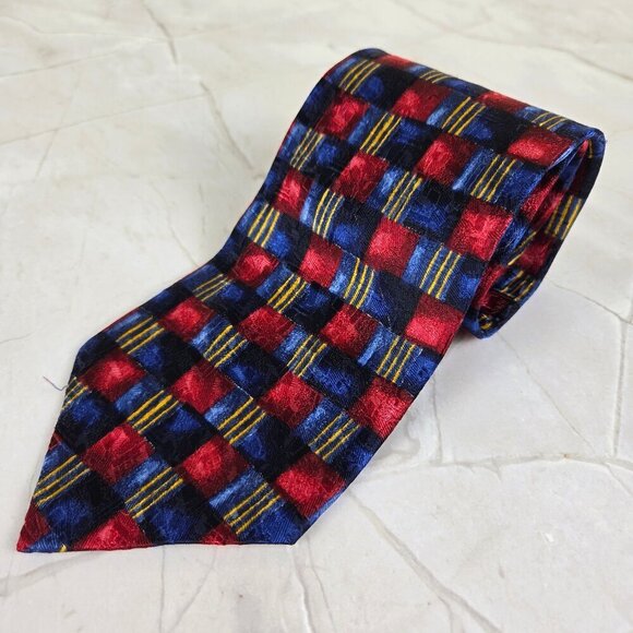 Murano 100% Silk Men's Tie Red & Blue Squares Gold Accent Stripes - Picture 1 of 6